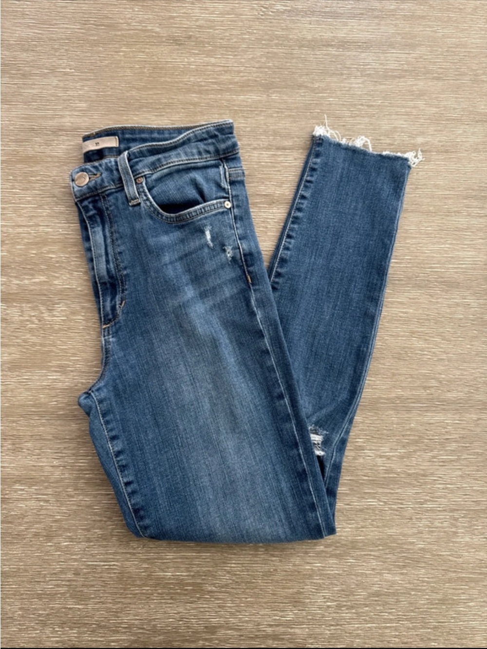 JOE’S JEANS SKINNY FRAYED HEM MID BLUE DENIM